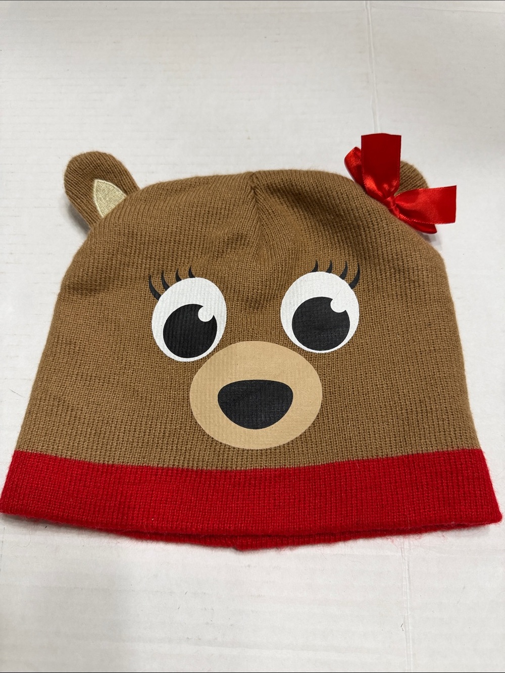 Kids Brown Bear Knit Beanie with Red Trim and Bow